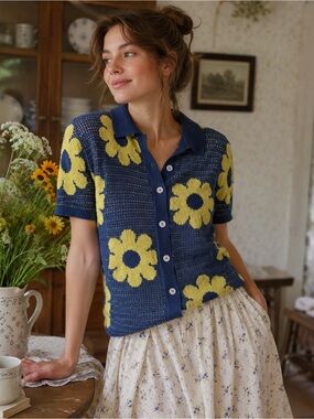 Massive Luxury Blue Yellow Daisy Knit Cardigan Cottagecore Medium Sweater